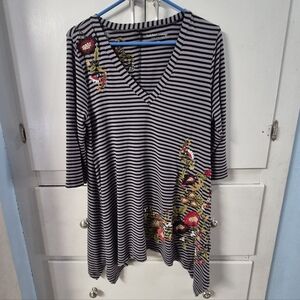 Soft Surroundings Tunic Top Womens Large Striped Floral Embroidered Stretch